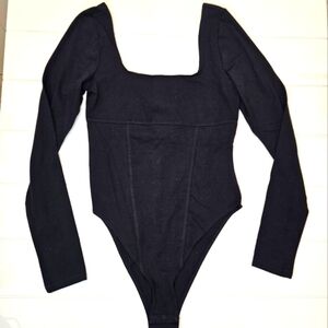 H&M Long Sleeve Bodysuit Women's Size Small Black NWT Square Neck Contour